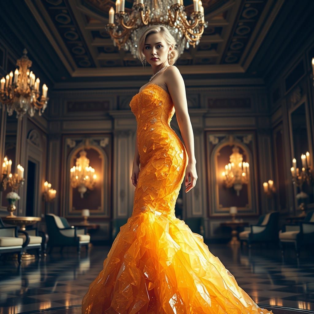 Elegant Woman in Citrine Crystal Mermaid Dress