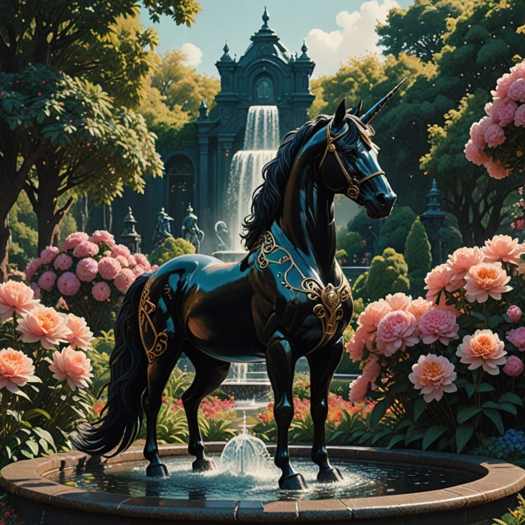 Ethereal Black Unicorn in Vibrant Flower Garden