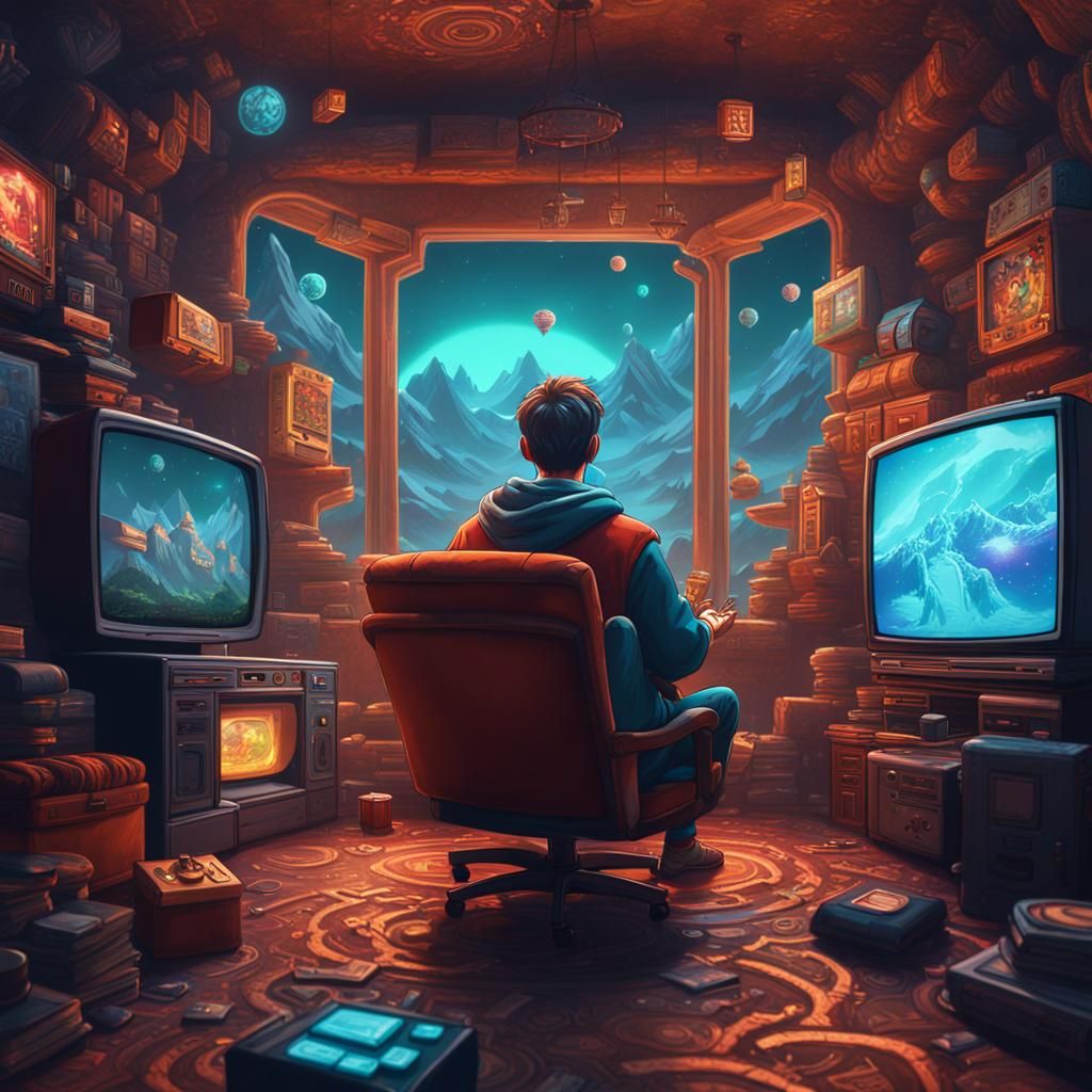 Retro Gamer on CRT Display, Detailed Matte Painting