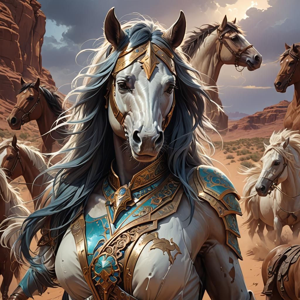 Desert Horses Under Lightning Sky: Hyperdetailed Digital Art