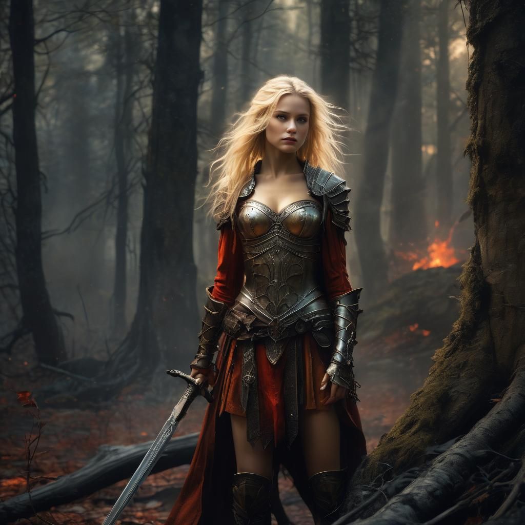 Blonde Warrior in Mystical Forest, Fantasy Illustration