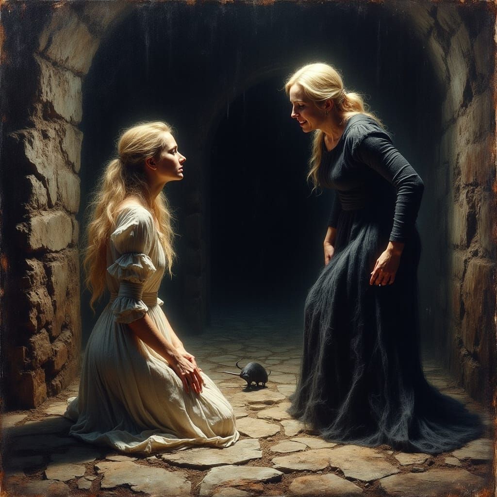 A Dark Impressionist Painting of a Terrified Woman in a Dung...