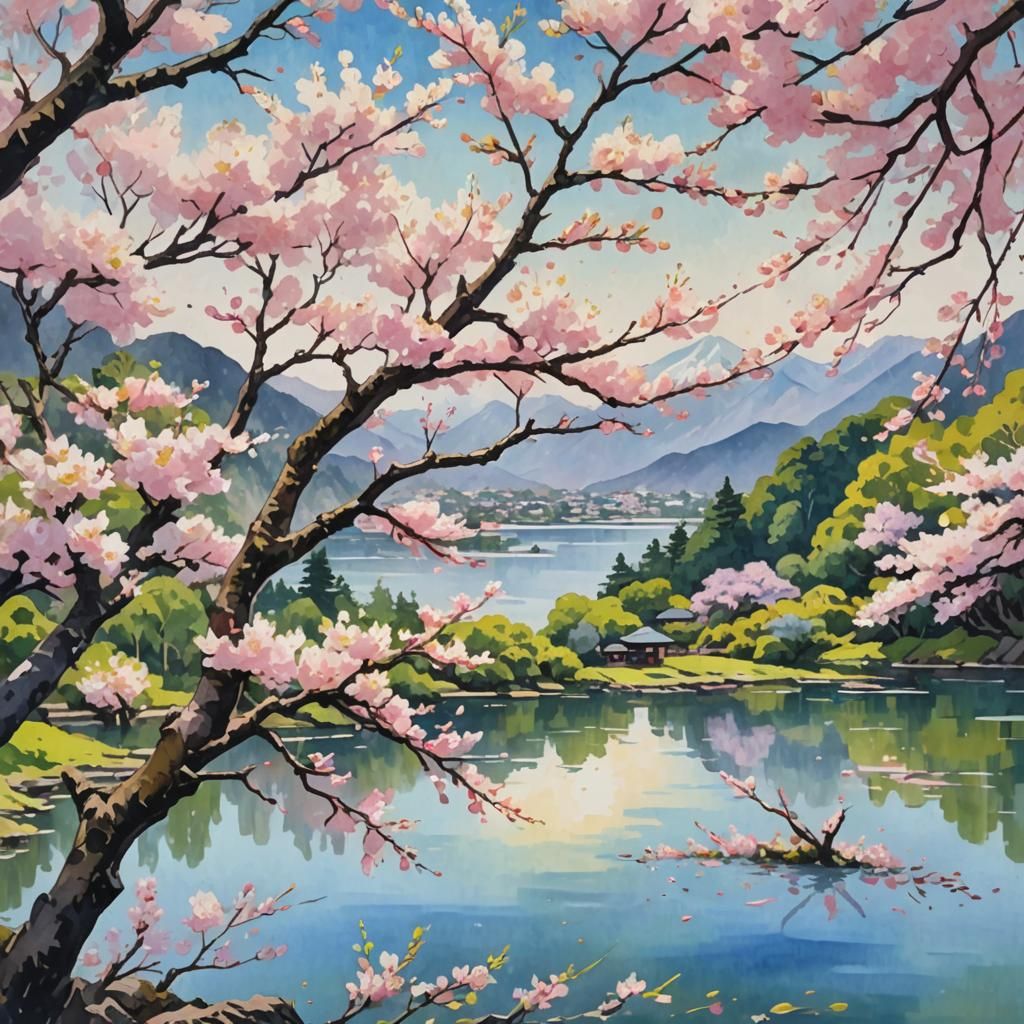 Cherry Blossom in Gouache Style Over Japanese Lake