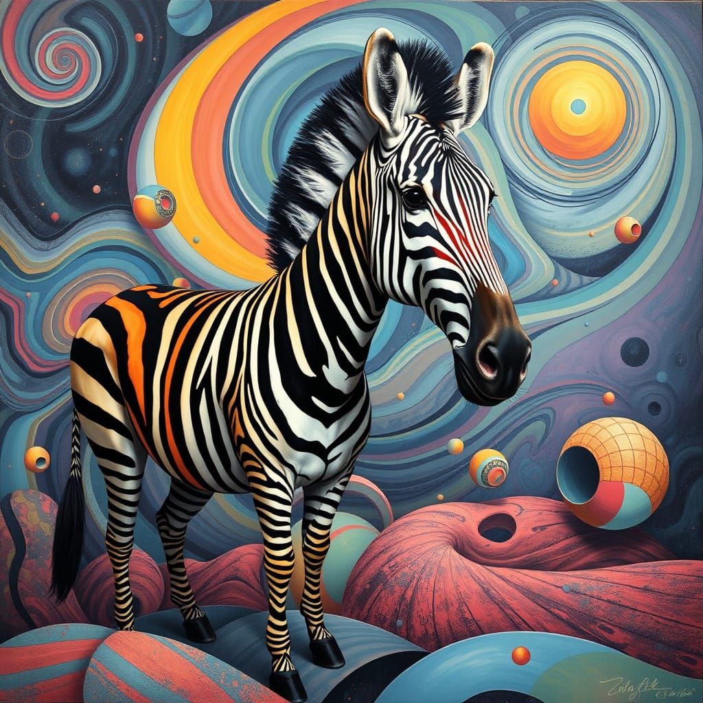 Surreal Zebra in Whimsical, Avant-Garde Setting