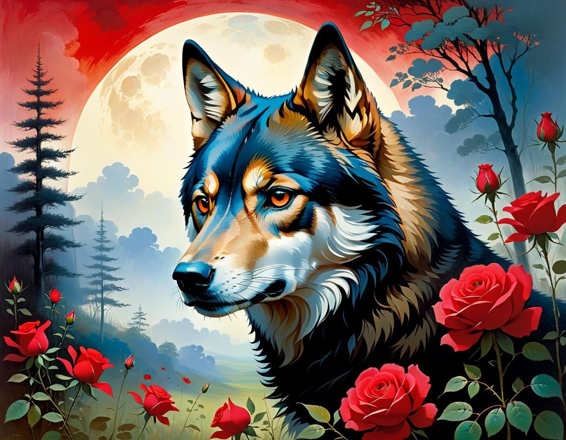 Dog Portrait with Rose in Dreamlike Landscape