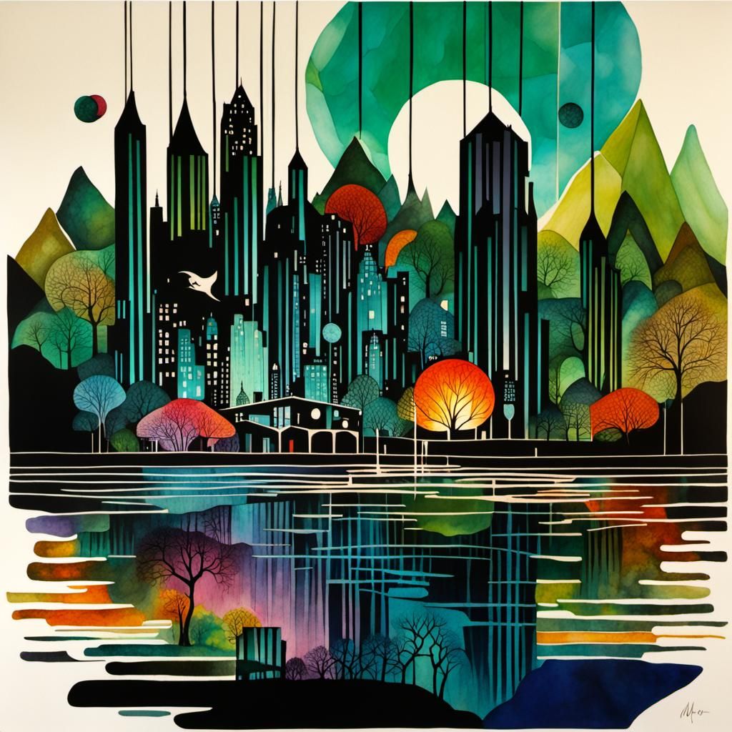 Luminous Metropolis in Alcohol Ink, Minimalist Scescape