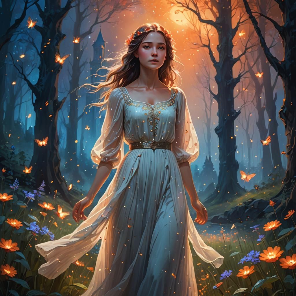 Ethereal Woman in Mystical Impressionist Forest