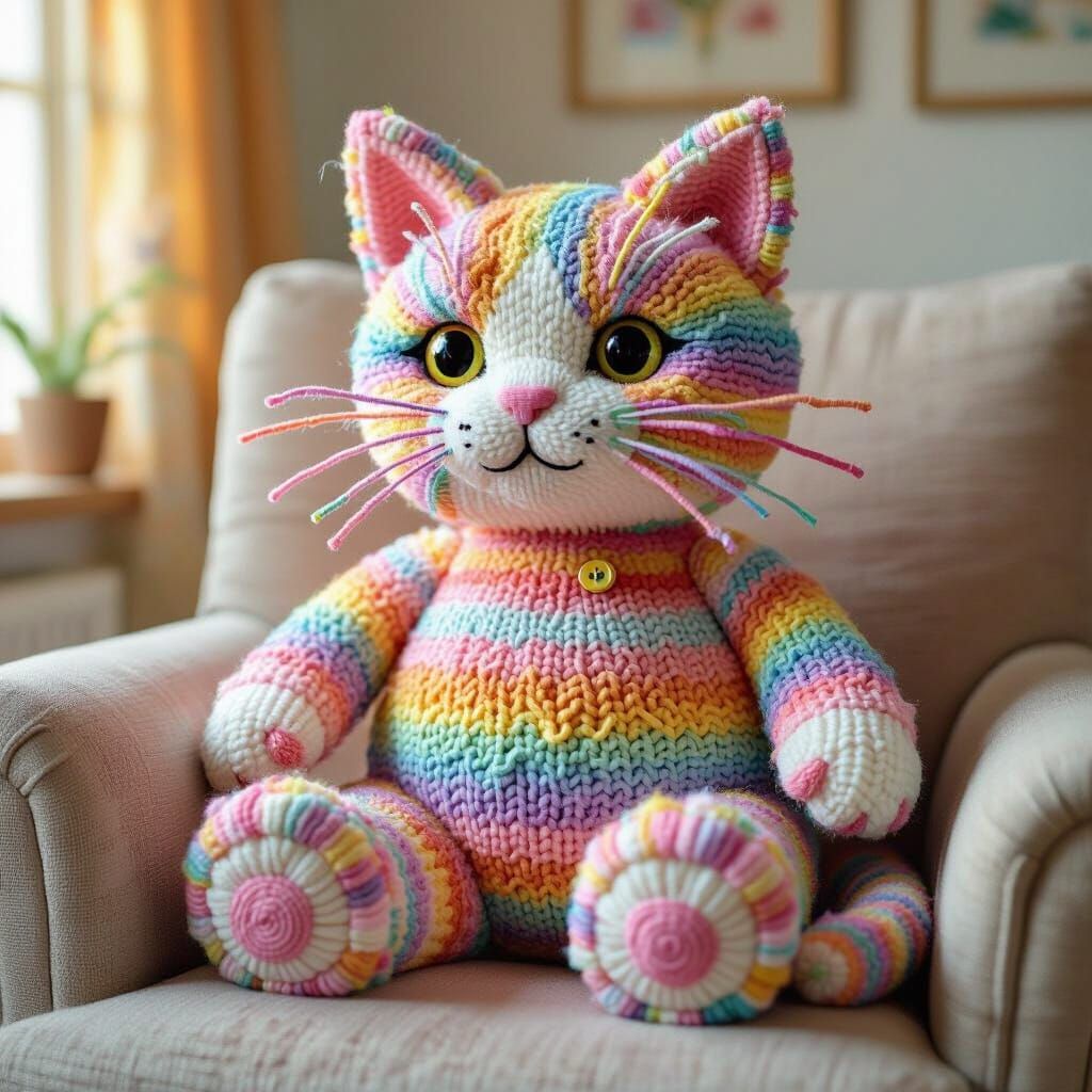 Psychedelic Yarn Cat Sculpture in Cozy Living Room