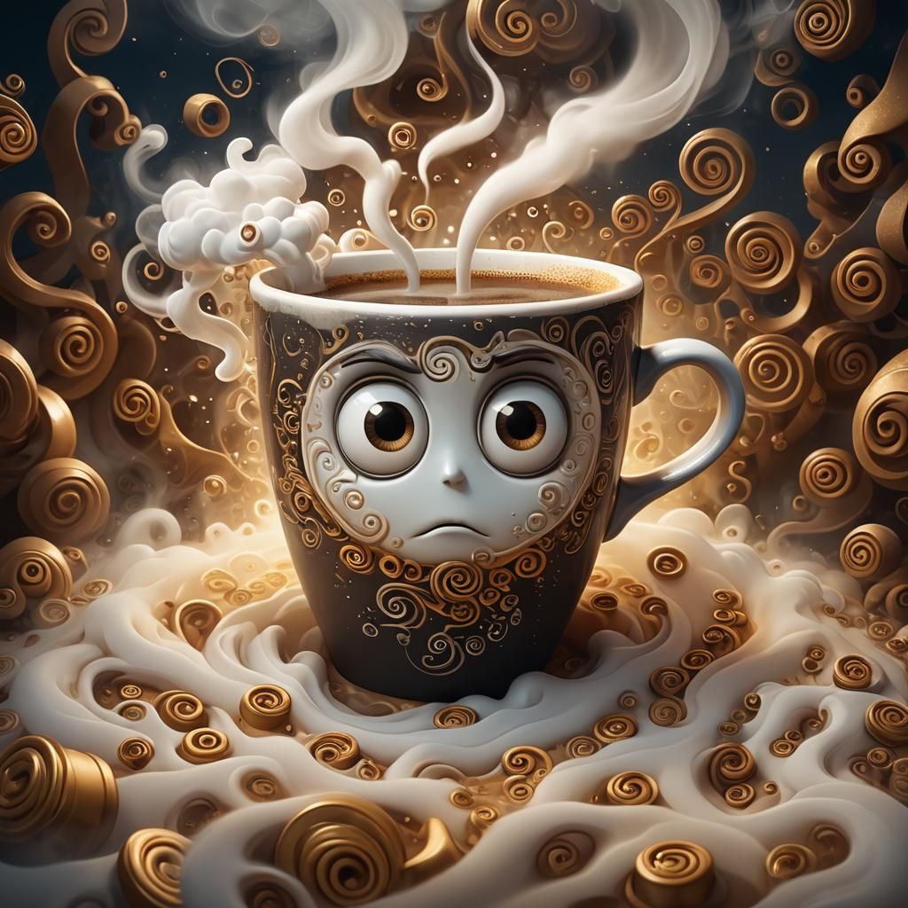 Tired Coffee Cup with Steam in Cartoon Style