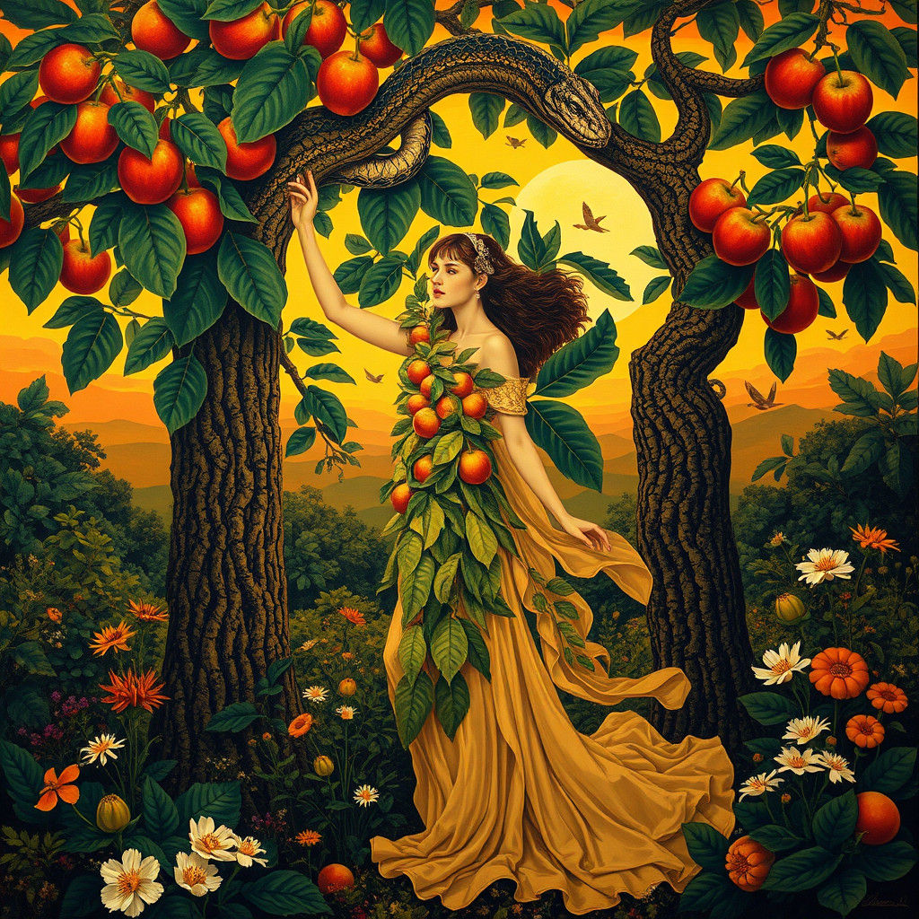 Maiden Reaching for Apples in Art Deco Forest