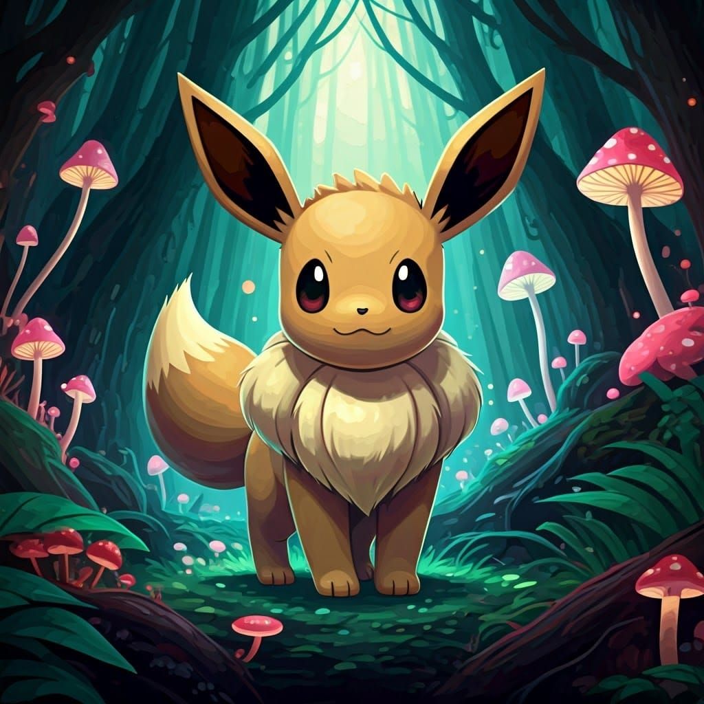 Surreal Eevee in Vibrant, High-Contrast Magical Forest Scene
