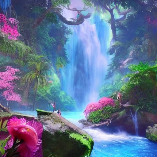 Vibrant Tropical Waterfall with Painted Skies