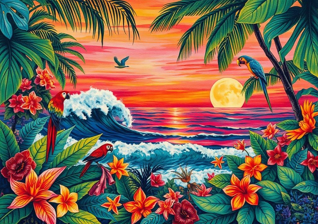 Vibrant Tropical Paradise Collage in Fauvist Pop Art Style