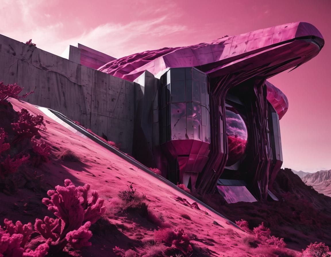 Monochromatic Magenta Alien Landscape with Retro Building