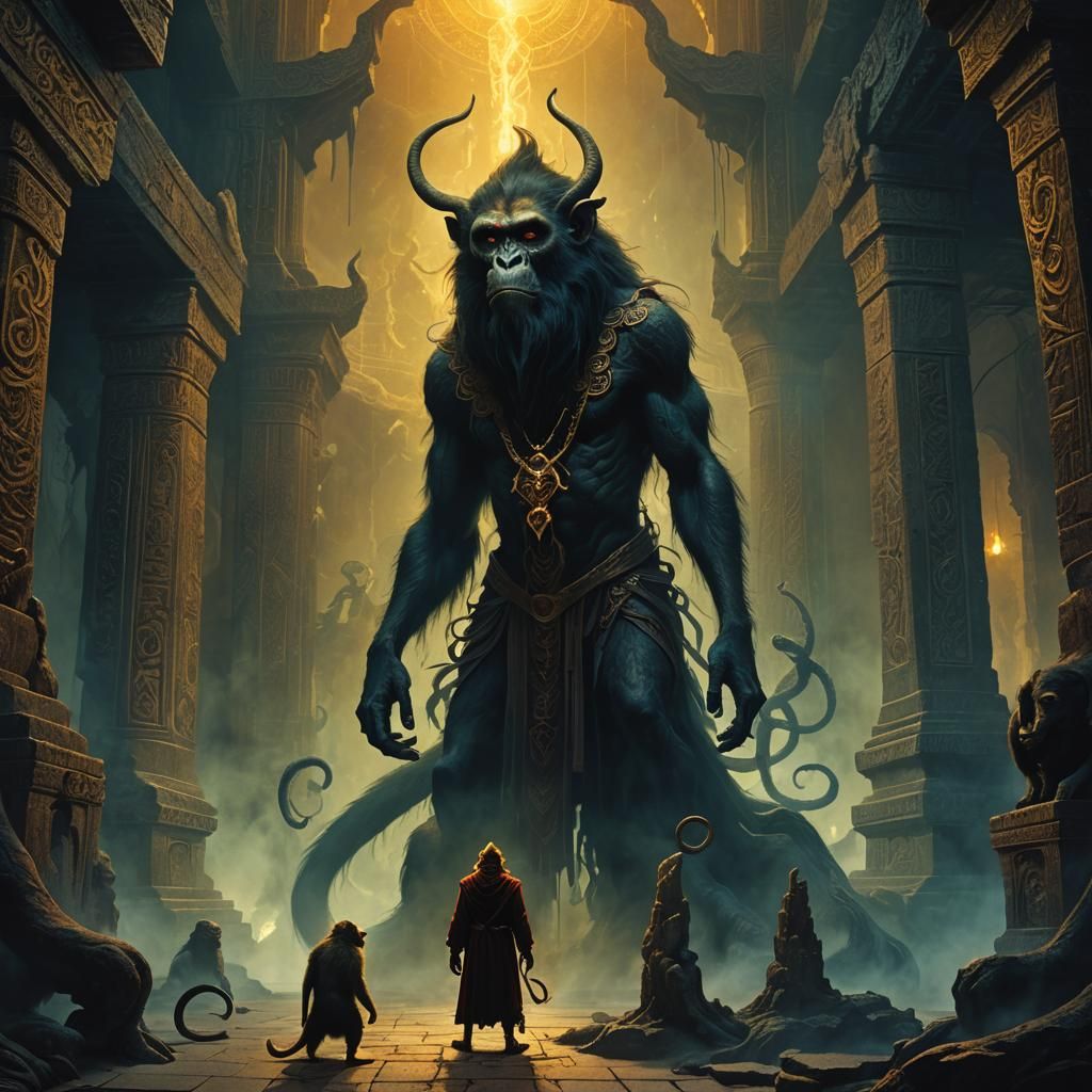 Demonic Wizard and Monkey in Dark Fantasy Style