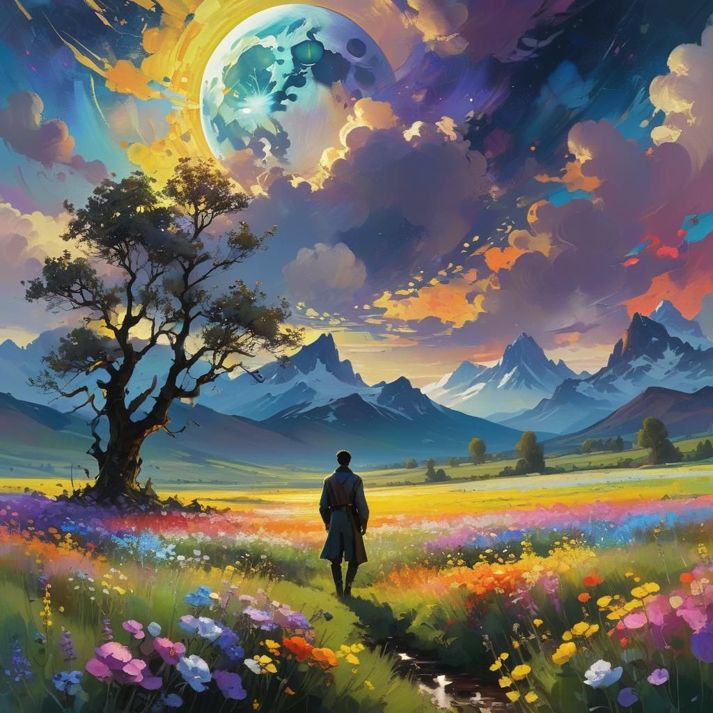 Fantasy Landscape Painting with Aurora and Sunset