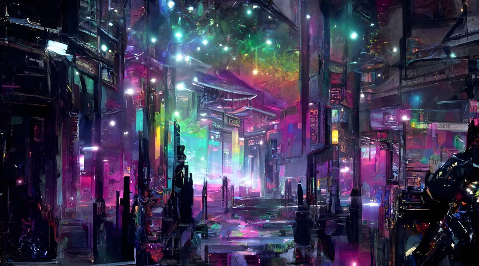 Cyberpunk City Alleyway with Iridescent Neon Lights