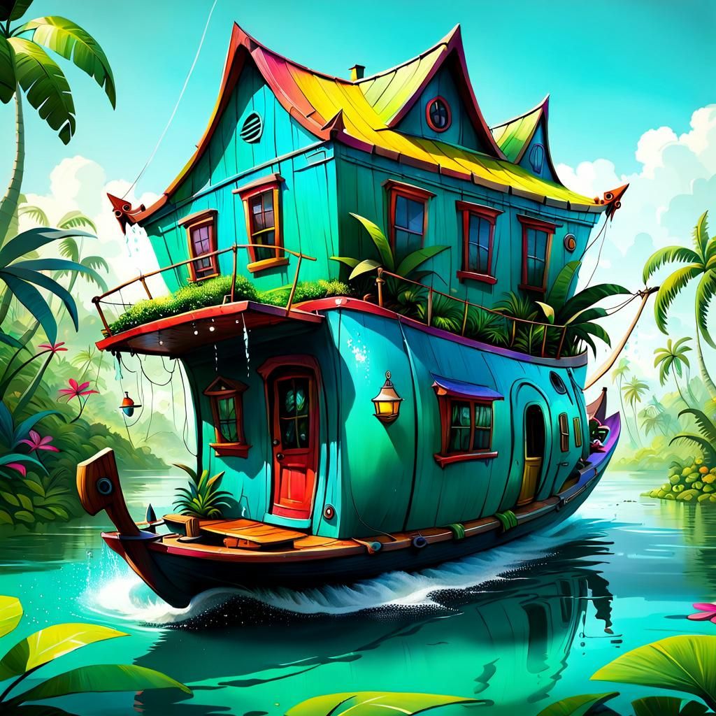 Whimsical Houseboat Speeding Through Lush Lagoon