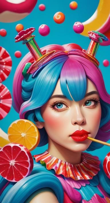 Girl Eating Fruit in Candy Art Style