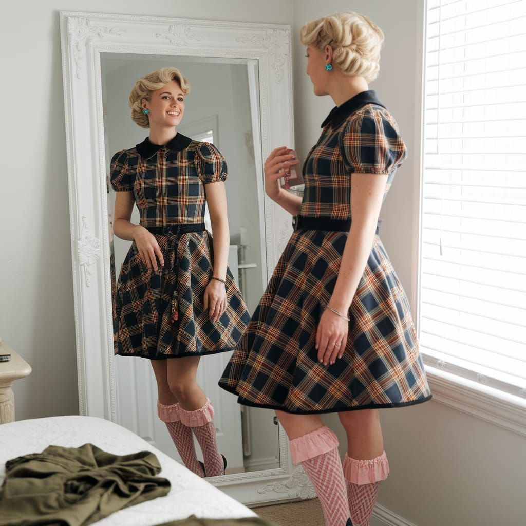 Young Man in 1950s Girl Outfit Looks in Mirror