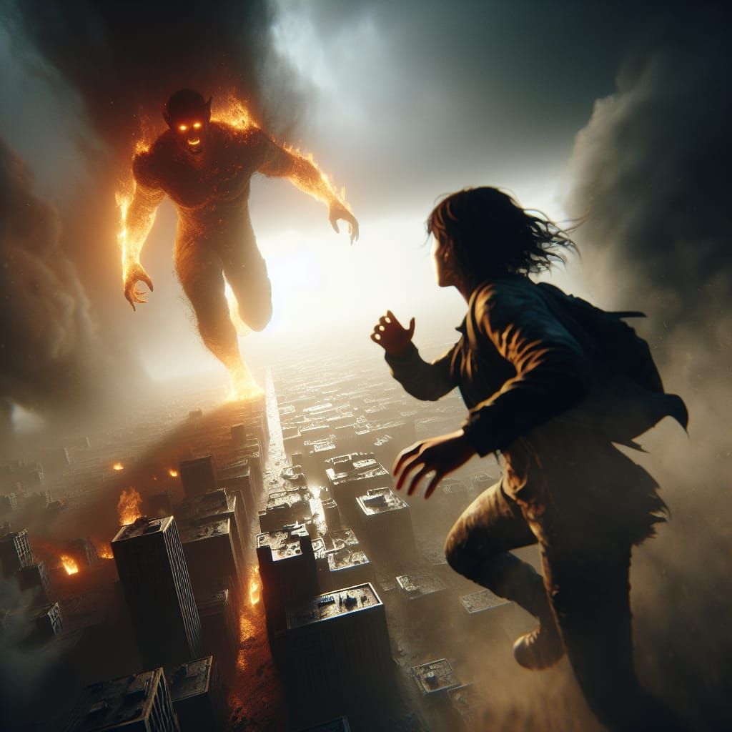 Woman Escaping Fire Demon in Dystopian City