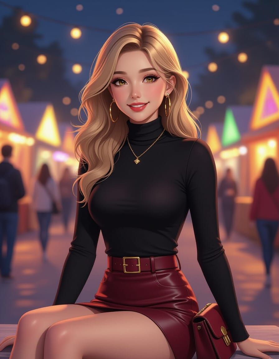 Smiling Woman at Night Festival in Anime Style