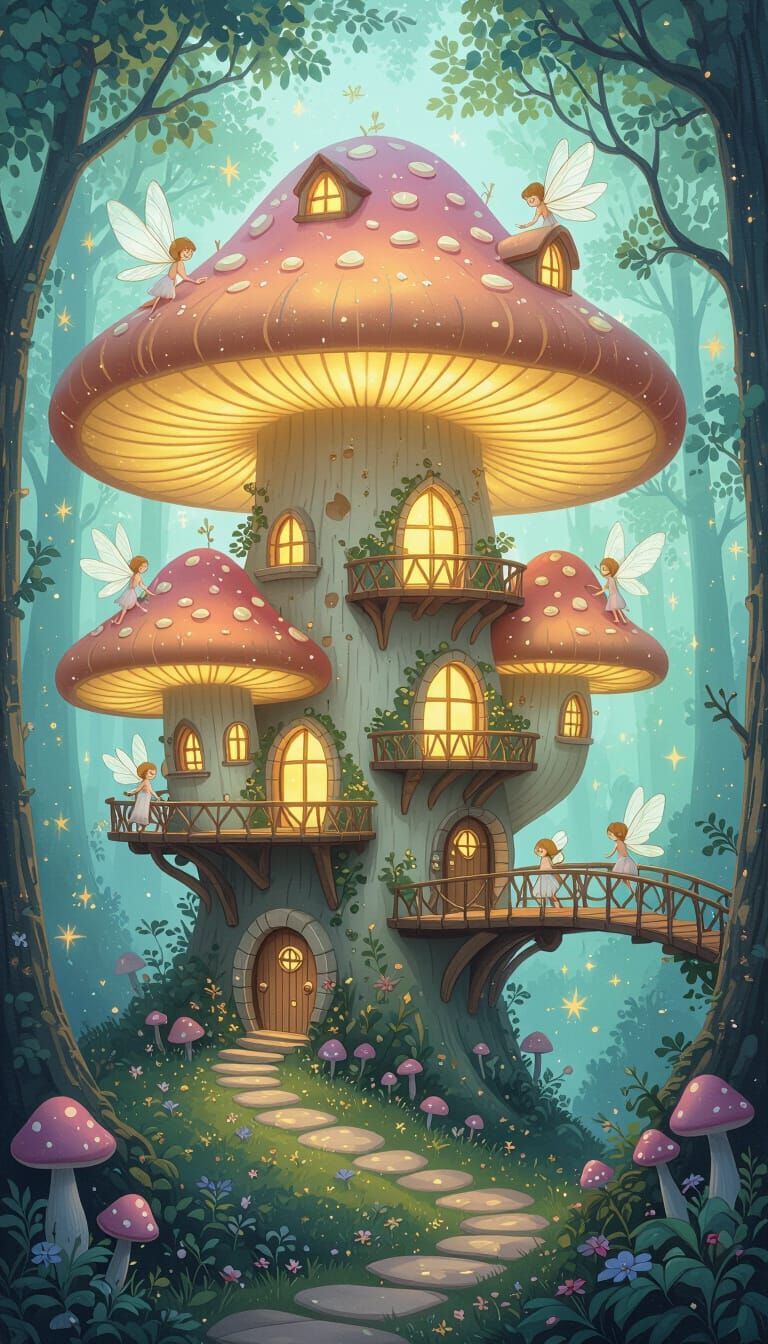 Whimsical Mushroom Forest Treehouse Village