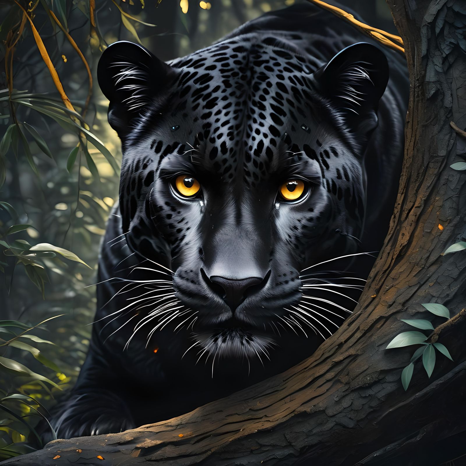 Sleek Black Jaguar Portrait in Dark Jungle