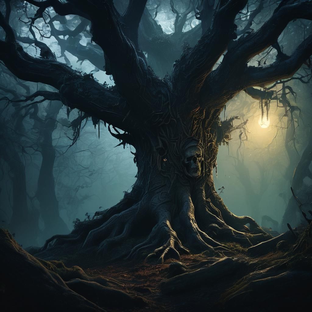 Ghoul Emerges from Ancient Tree in Dark Woods