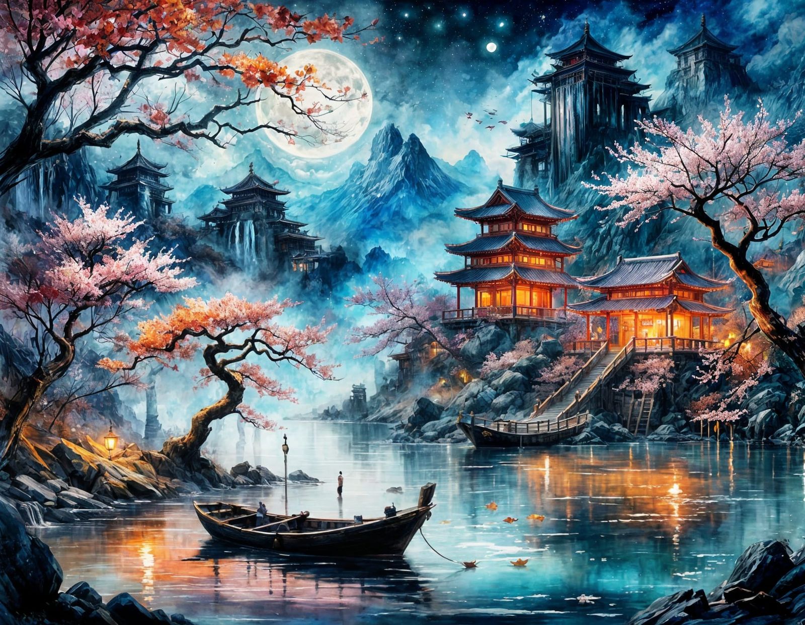Epic Chinese Landscape with Sakura and Blue Moon
