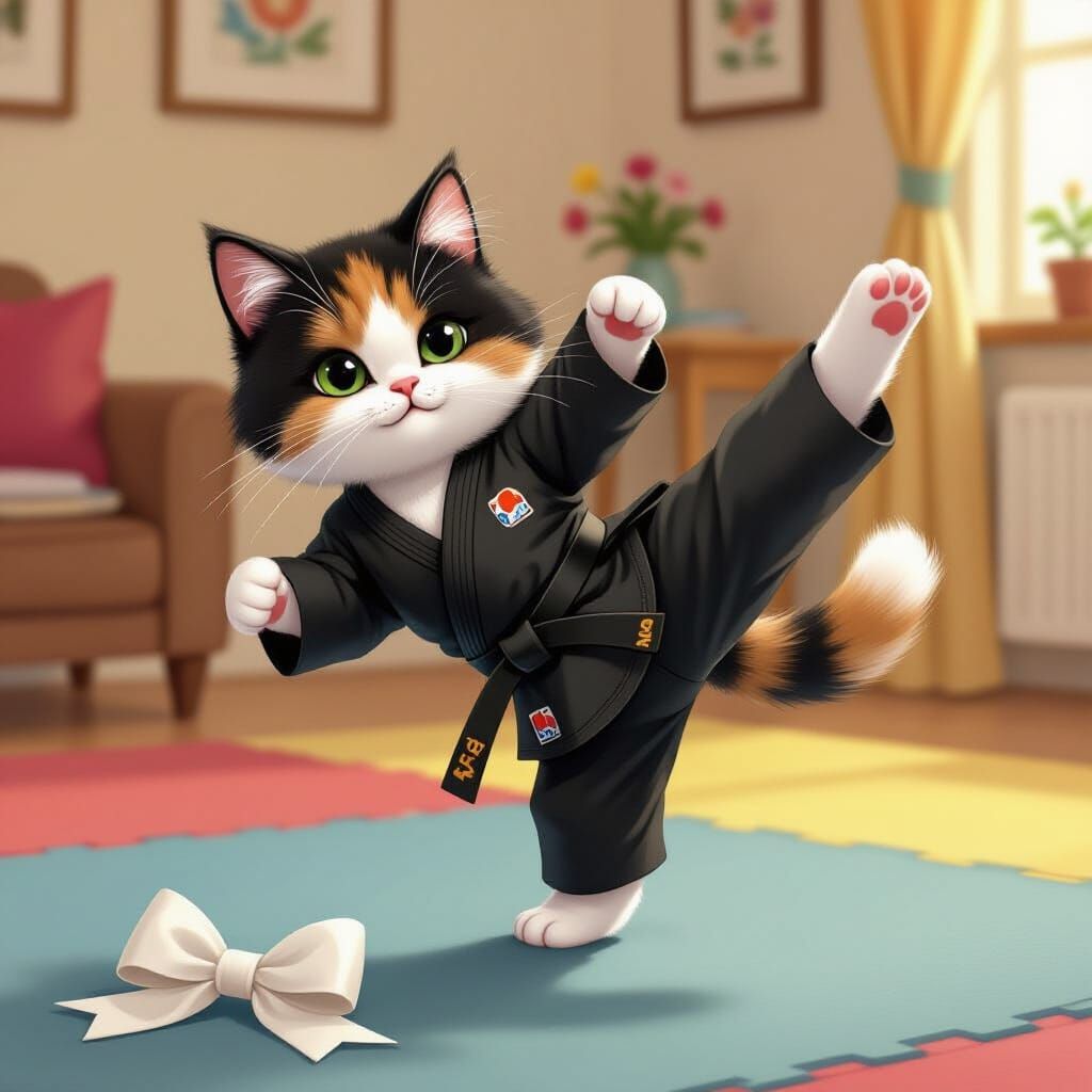 Fluffy Cat Masters High Kick in Taekwondo Uniform