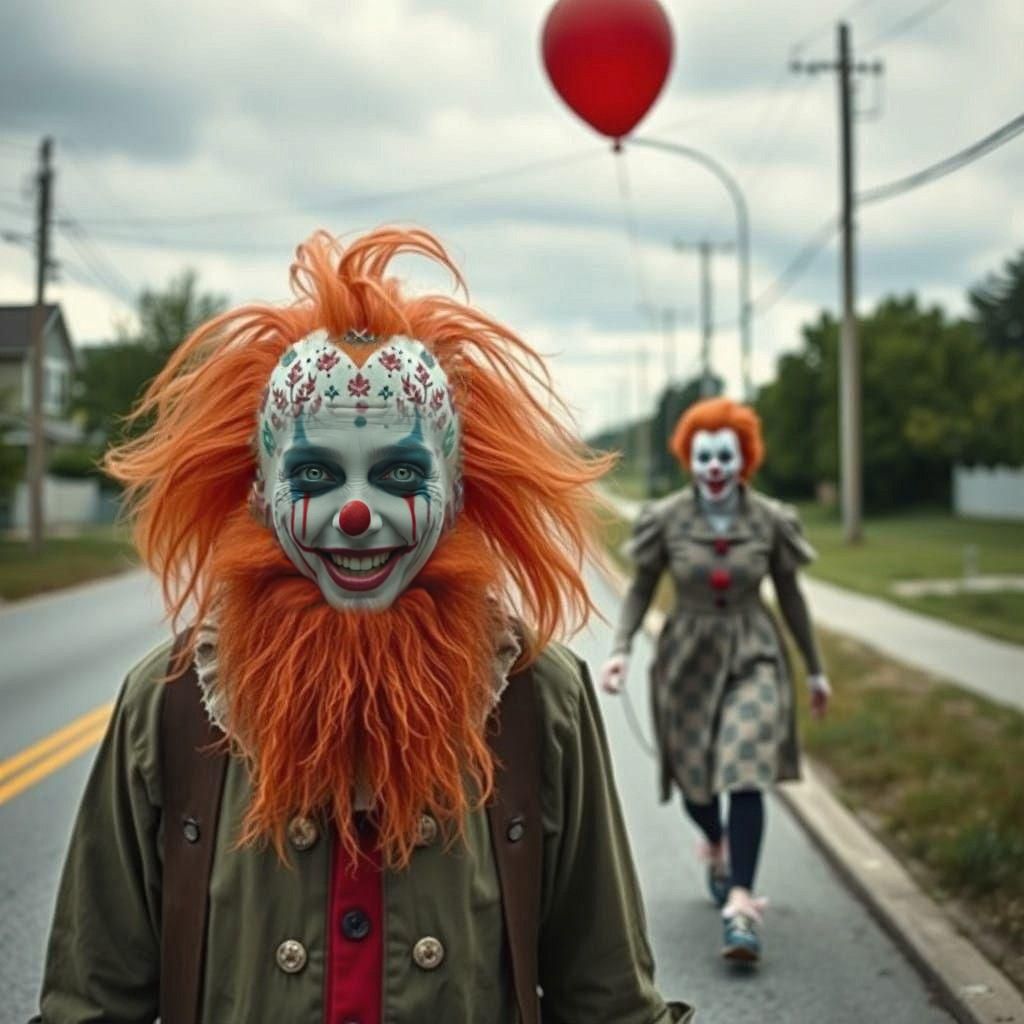 Dark Clown Pursues Red-Haired Stranger Down a Deserted Road
