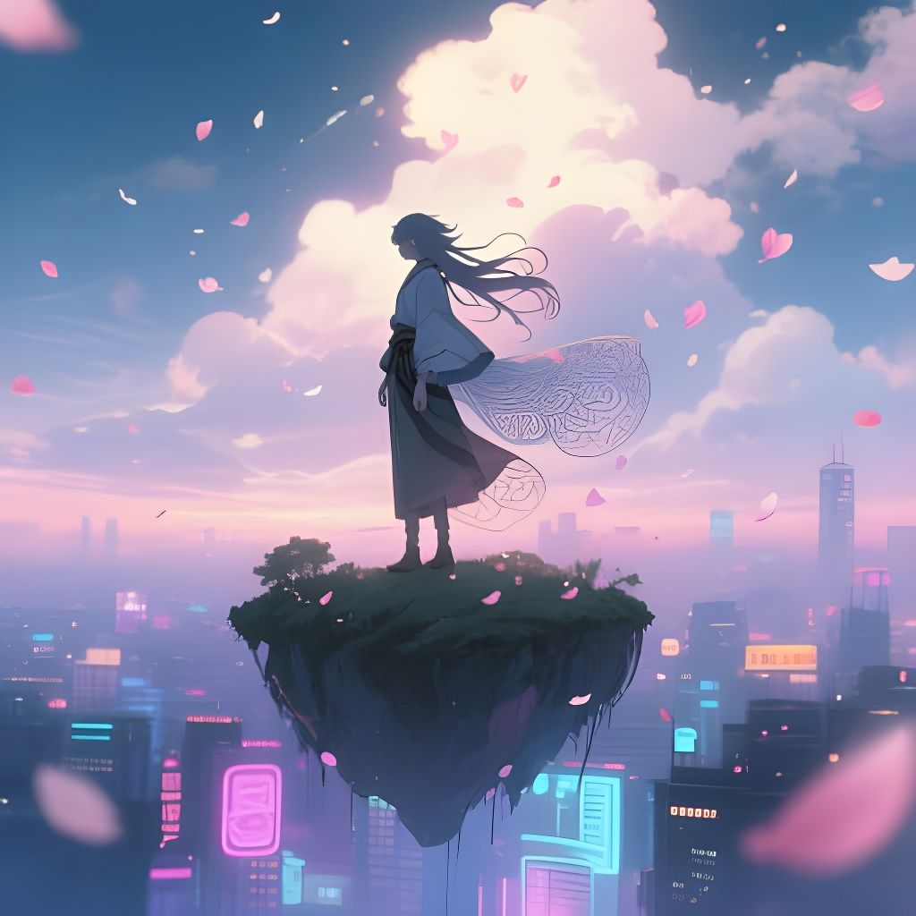 Ethereal Anime Wanderer Above Neon City