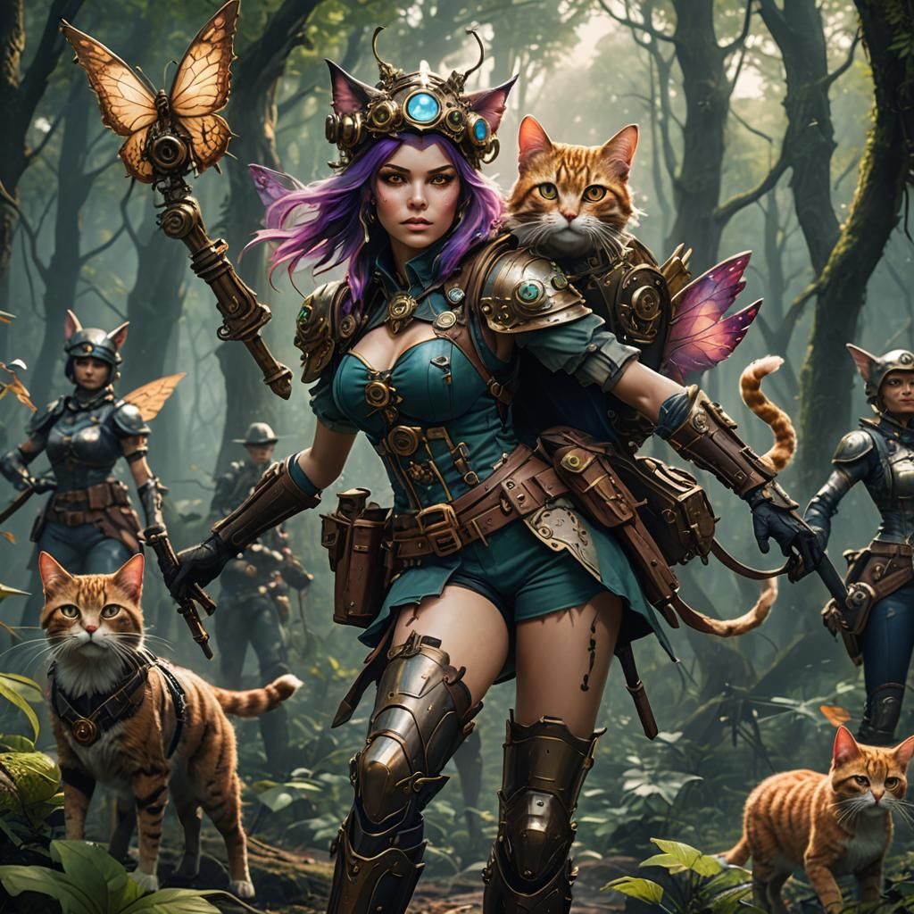 Fairy Cat-Girl in Steampunk Forest Battle