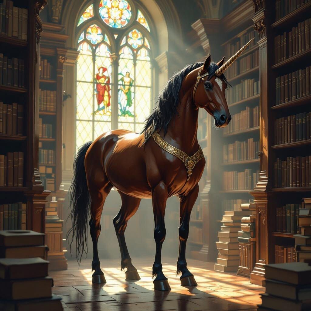 Mahogany Centaur in Sunlit Ancient Library