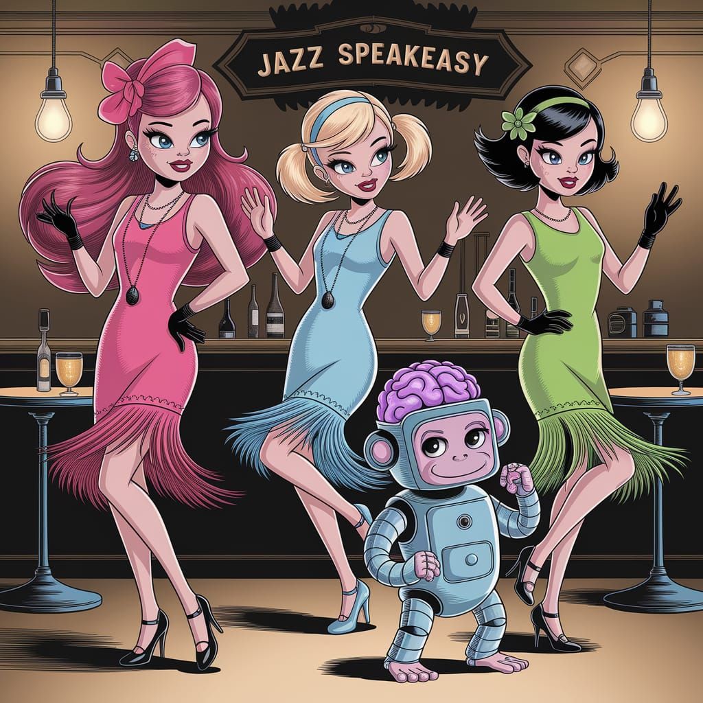 1920's Flapper Power Puff Girls in Whimsical Charcoal Drawin...