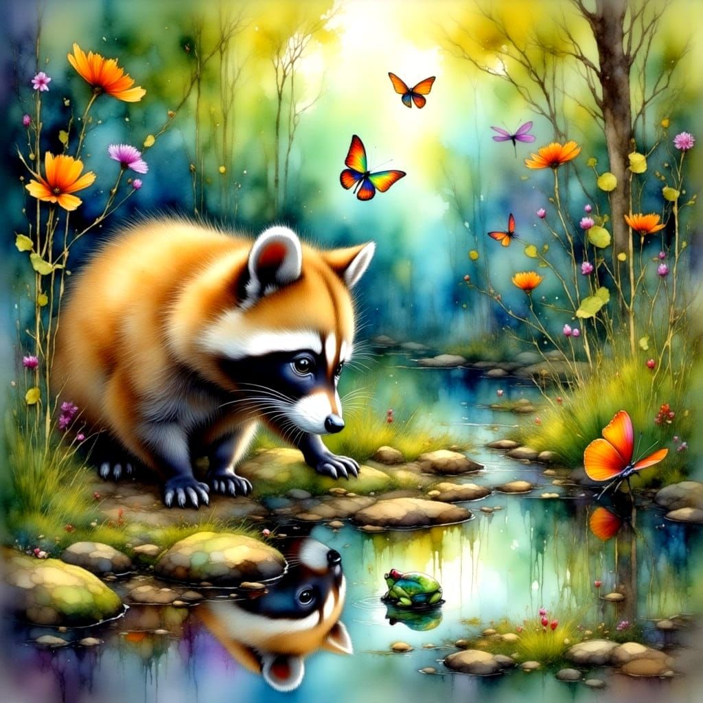 Baby Raccoon Explores Welsh Garden in Watercolor Oil Fantasy