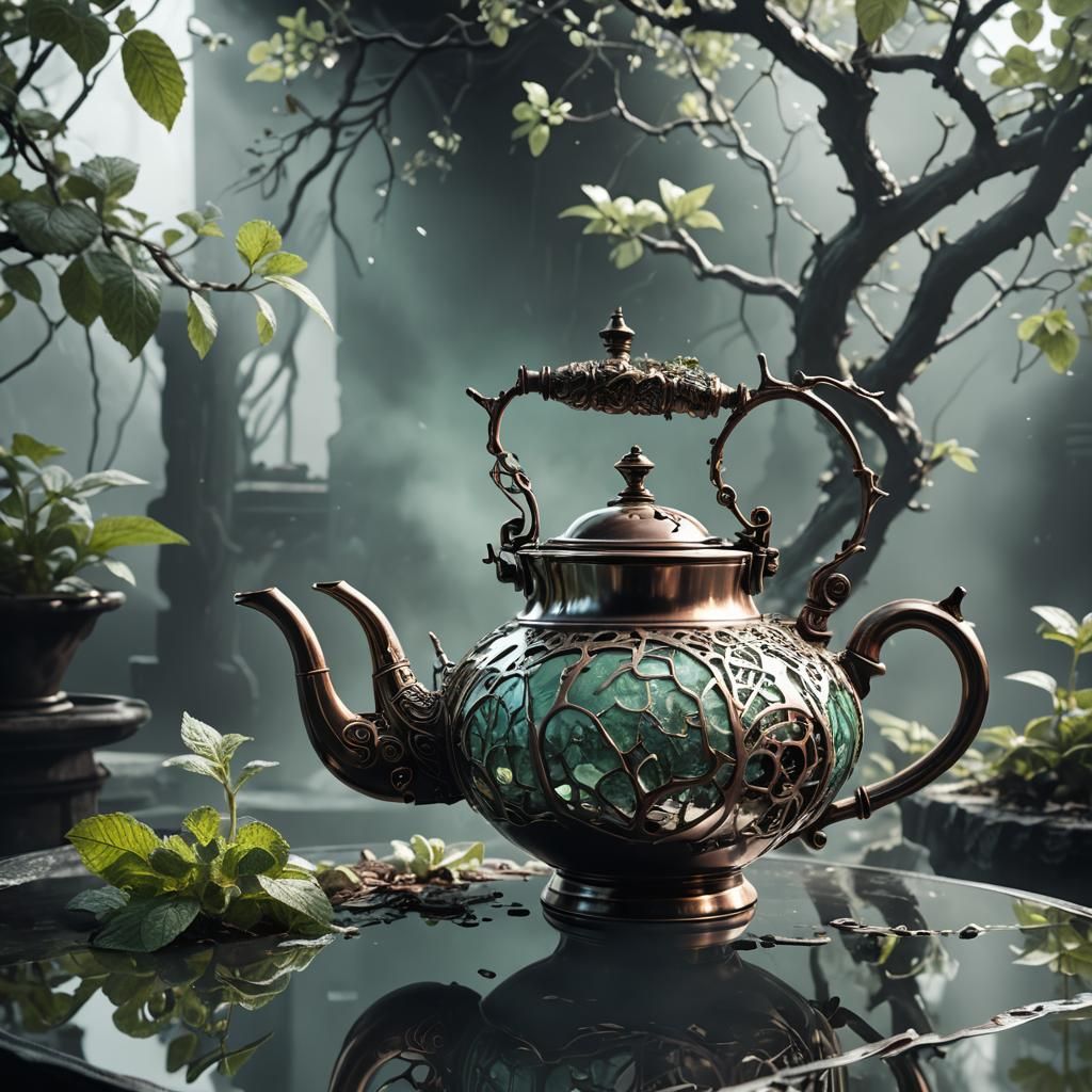 Sci-Fi Bronze Teapot with Peeling Paint and Branches