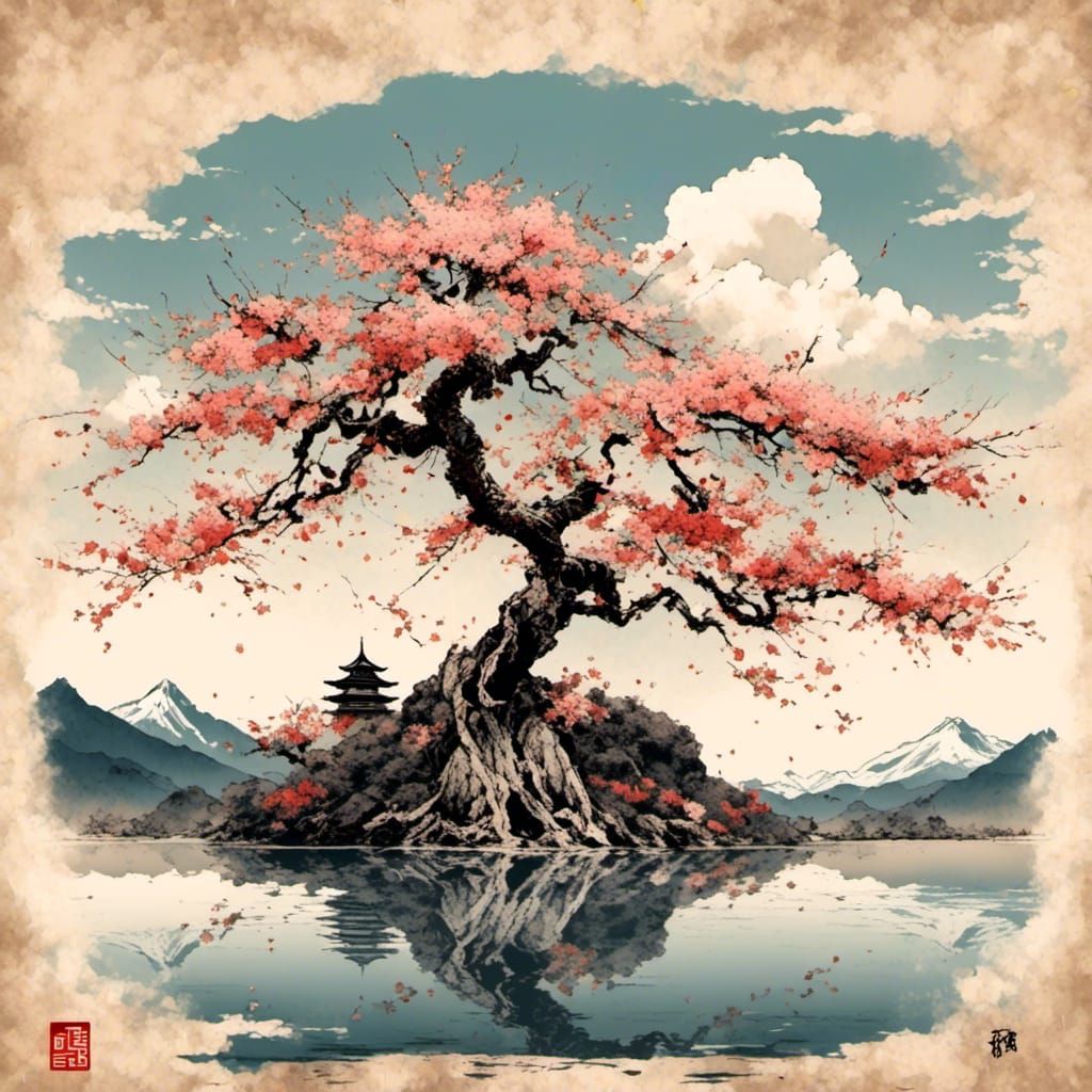 Sakura Tree by Lake with Temples in Fantasy Graphic Style