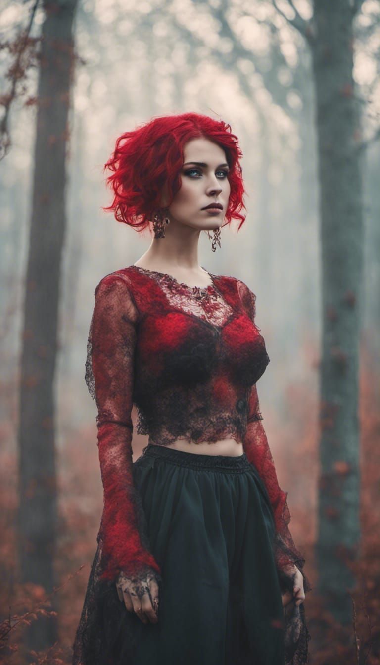 Steampunk Goth Girl in Red, Cyan Forest