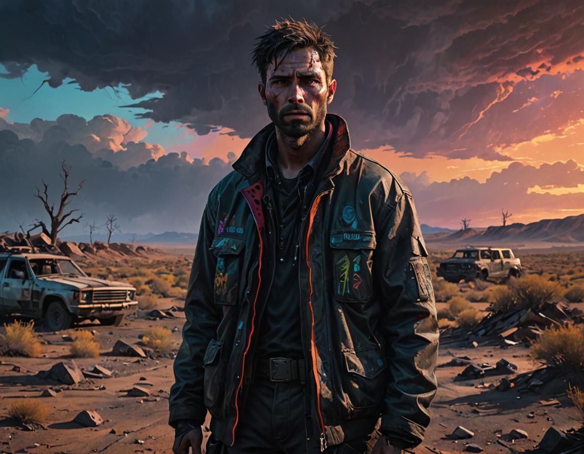 Post-Apocalyptic Figure in Neon Landscape, Hyperrealistic Ar...