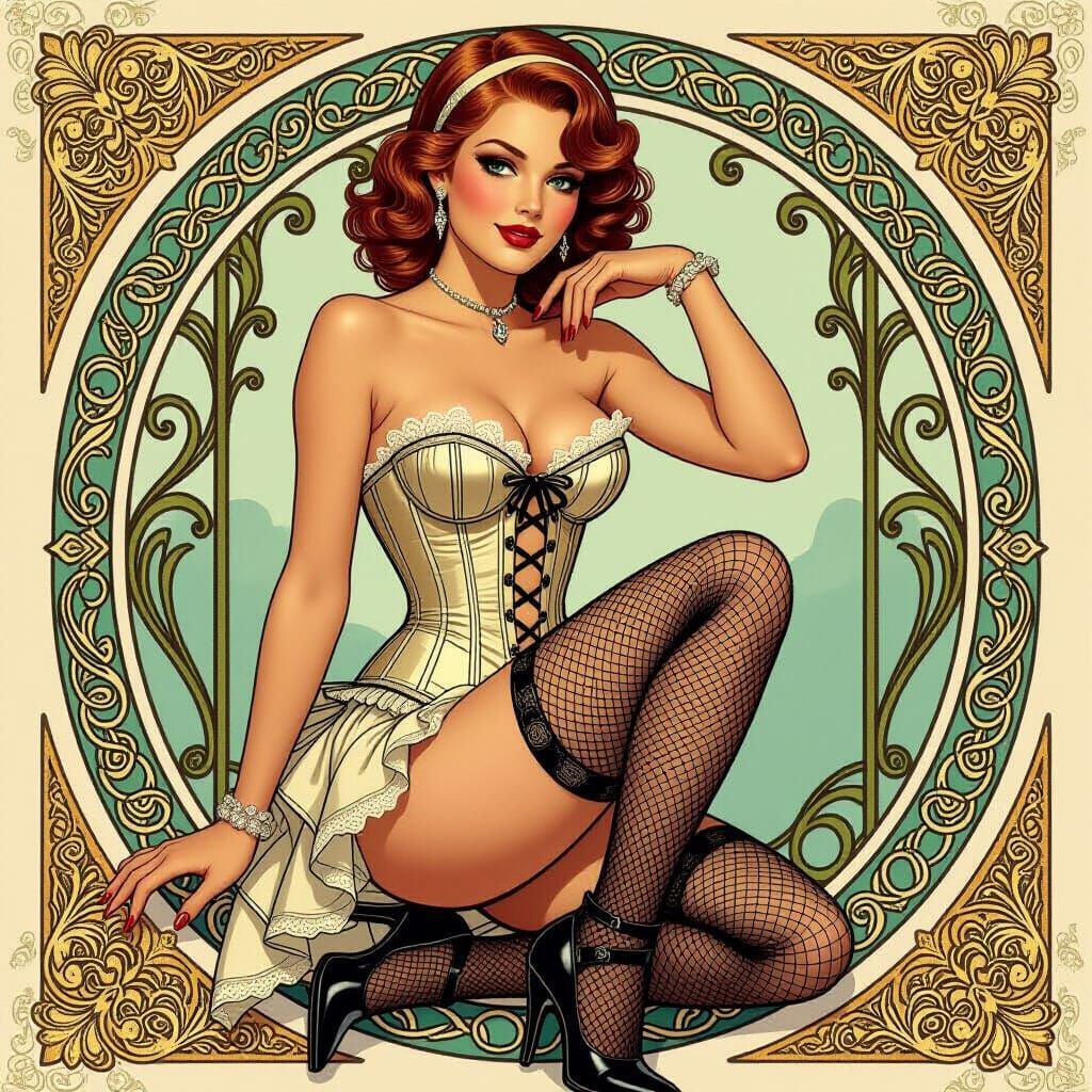 Pin-Up Girl in Corset, Art Nouveau Comic Style