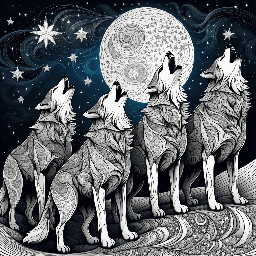 Wolves Howling Under Starry Sky in Abstract Vector Art