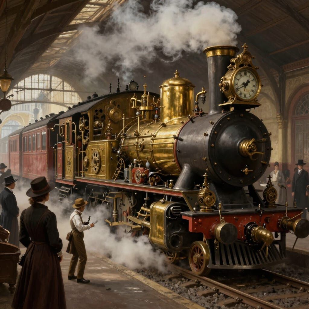 Steampunk Train at Bustling Victorian Station