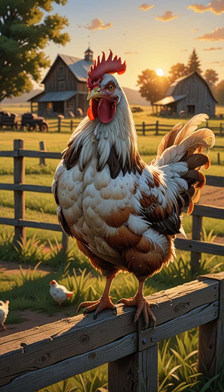 Exhausted Chicken on Farm at Sunset in Rural Impressionism