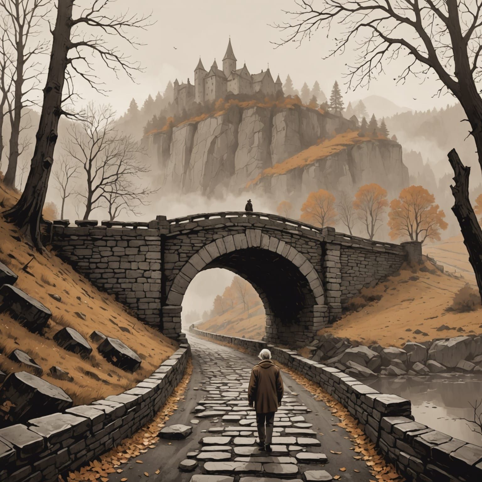 Monochrome Bridge Scene with Nostalgic Figure