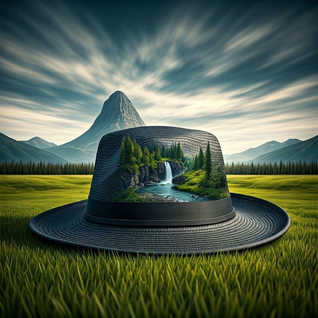 Surreal Meadow: Mountain Waterfall Hat Landscape