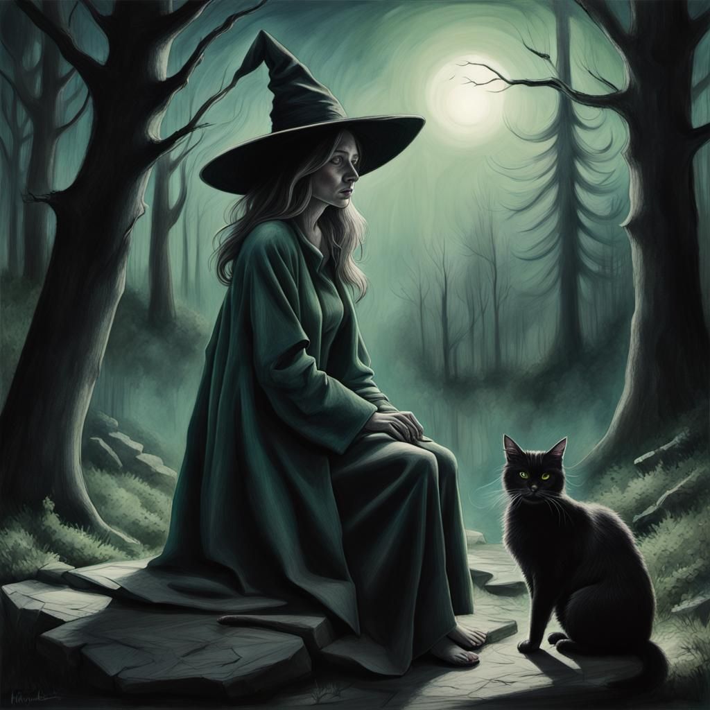 Witch in Haunted Forest: Hyperrealistic Charcoal Drawing