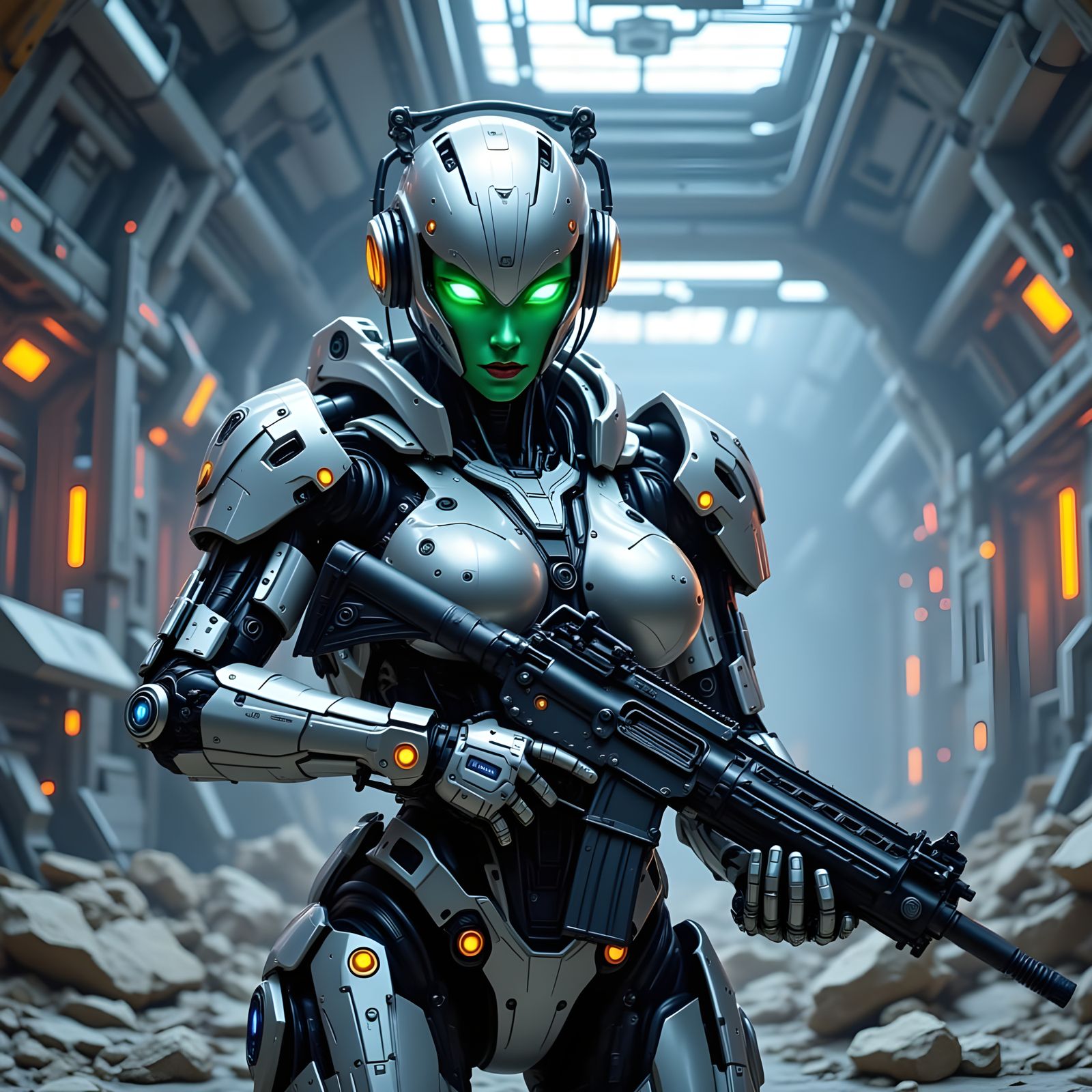 Cyborg Warrior in Futuristic Ruins, Graffiti Art Style