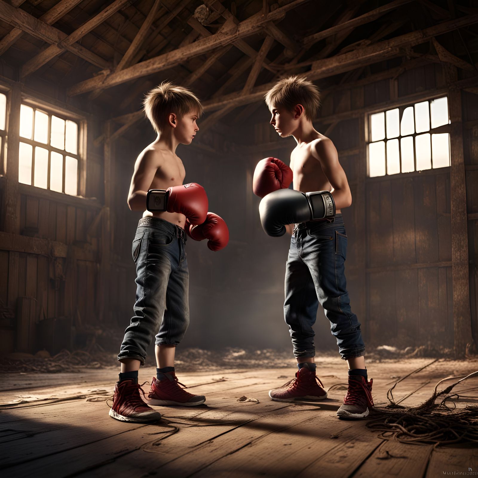 Boys Boxing in Abandoned Barn: Detailed Matte Painting